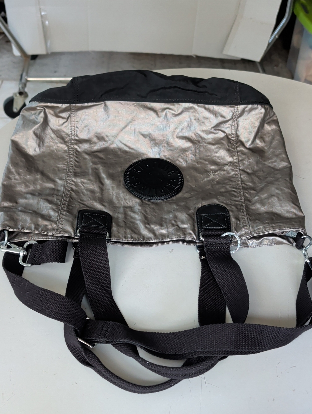 Kipling Metallic Silver Shoulder Crossbody Bag  Black Straps Lightweight Travel